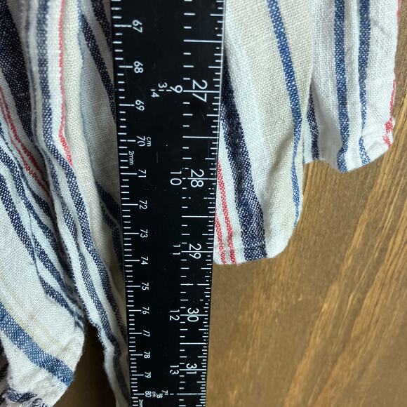 LOFT Beach Womens Romper Tan Multi Striped Linen Blend Smock Neck Flutter M - Picture 9 of 12